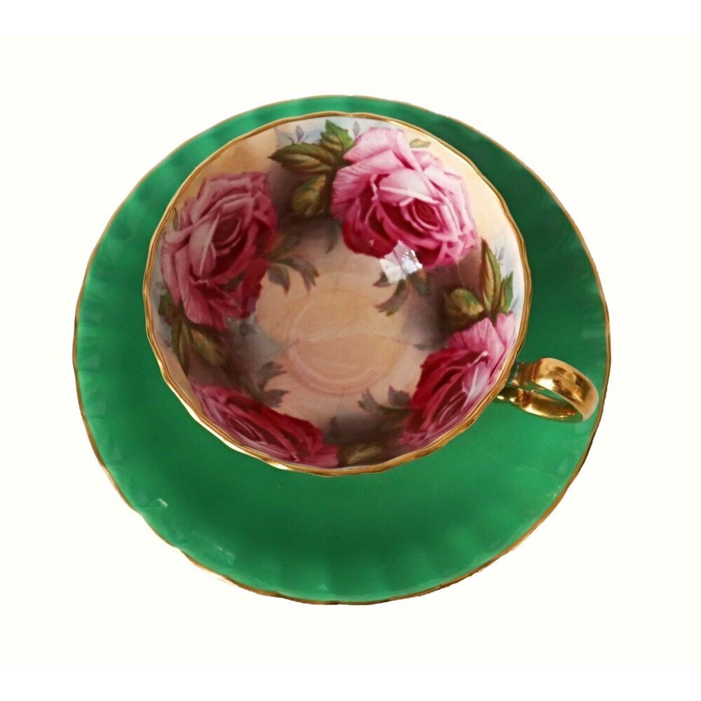 Aynsley Green & Gold Bone China Teacup & Saucer Set With Pink Cabbage Rose